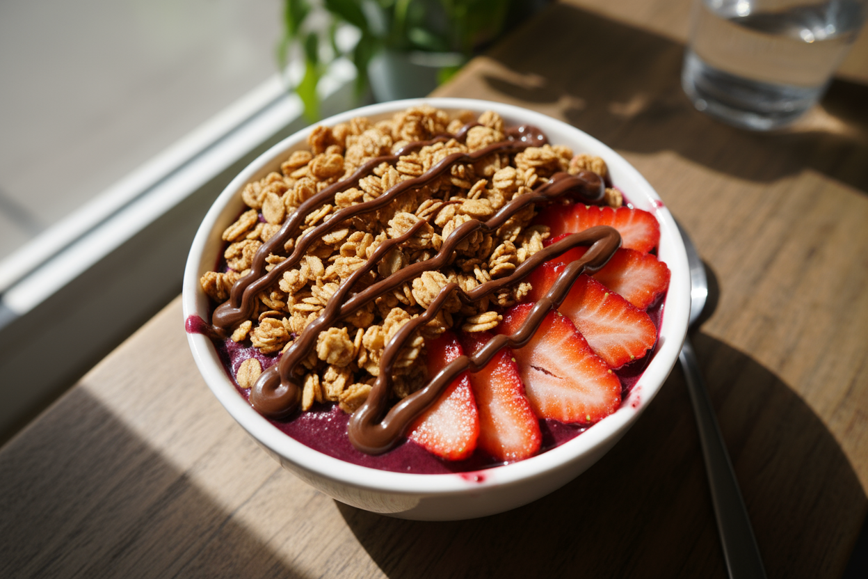 small acai bowl topped with granola, sliced strawberries and nutella drizzle